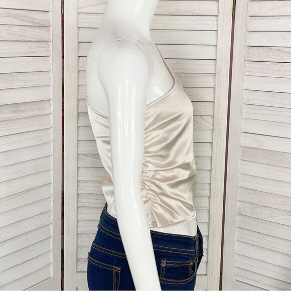 NA-KD Reborn Satin Shirred Side One Shoulder Crop Top Ivory XS 34 - Picture 4 of 16